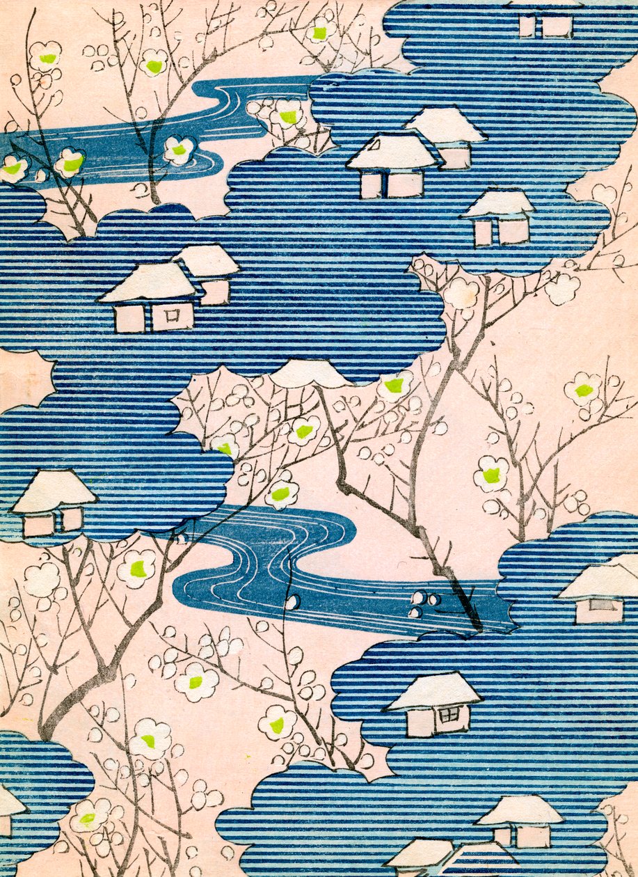 和服设计图案：有河流和樱花的小屋，约 1900 年（彩色木刻版画） 作者 学校日语
