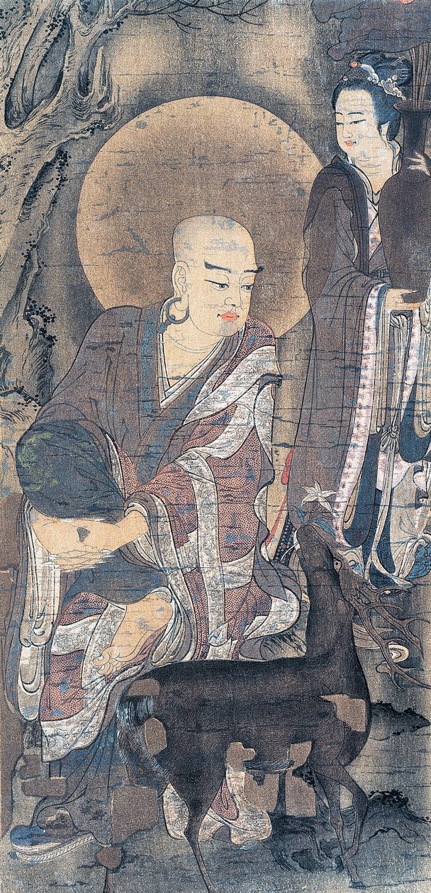 描绘年轻和尚与母鹿的宗教画，绢本绘画，日本文明，平安时期，794-1185年 作者 学校日语