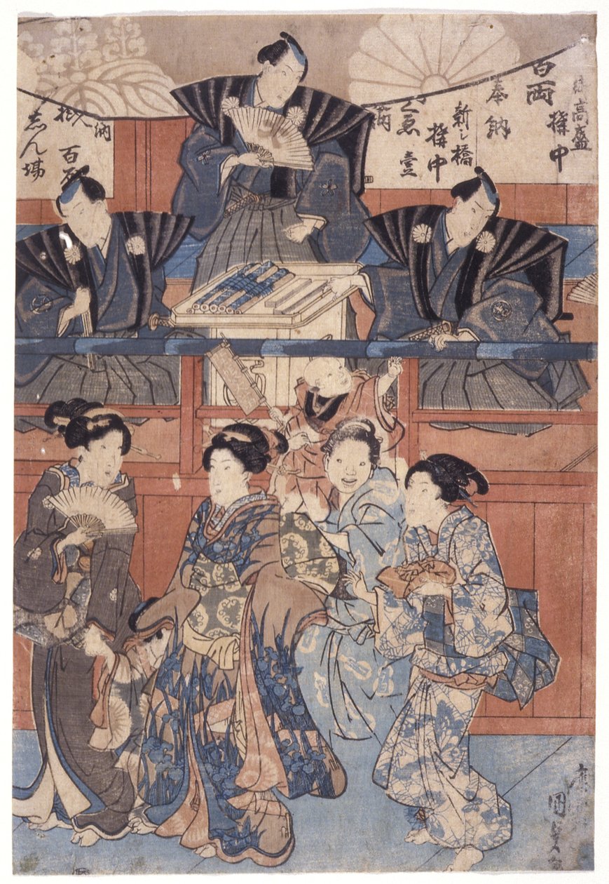 神社收藏台前场景（彩色木刻） 作者 学校日语