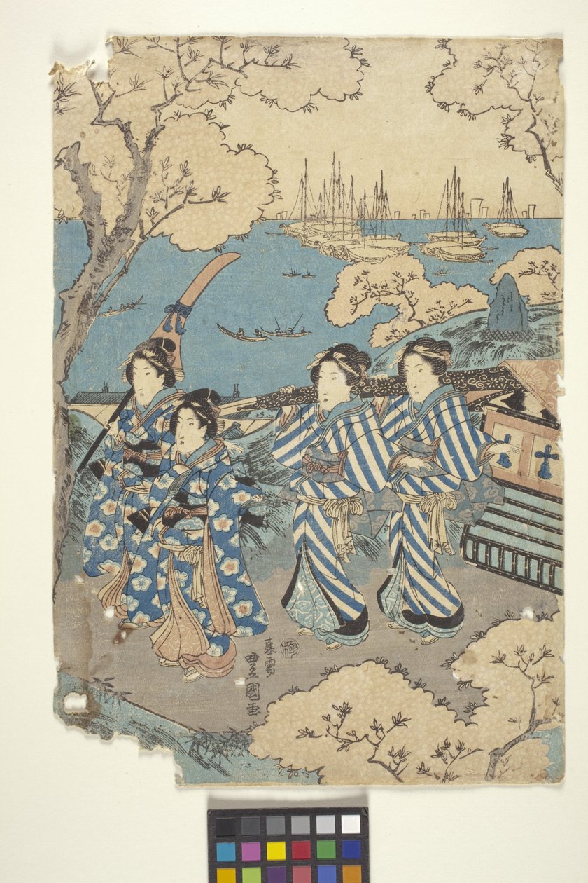 托托：御殿山赏花，2（三联画的一部分）（彩色木刻） 作者 学校日语