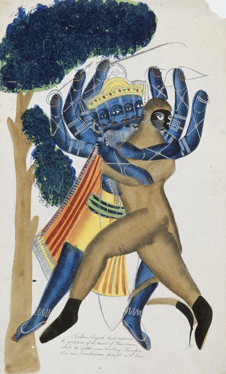 锡兰魔王拉瓦纳与哈努曼之子搏斗（纸面水彩画） 作者 卡利亚特学校