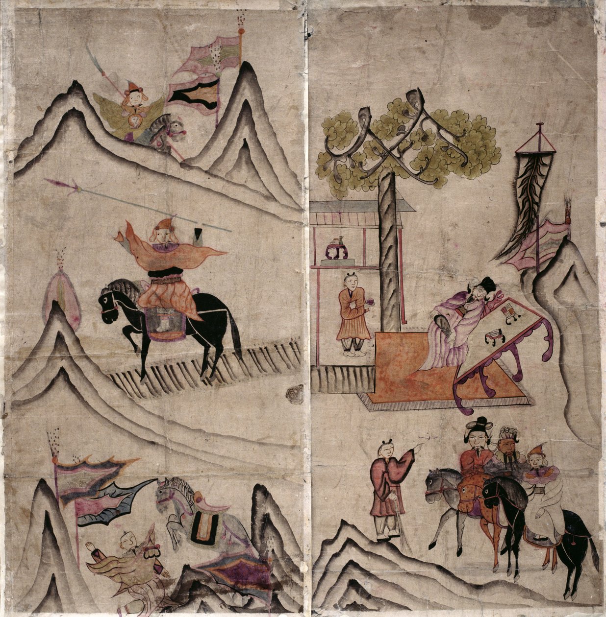 描绘 "三国演义 "的八折屏风两幅（纸质天然颜料） 作者 学校韩语