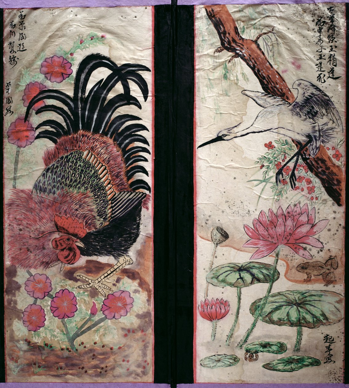 两幅描绘花鸟的八折屏风（纸面天然颜料） 作者 学校韩语