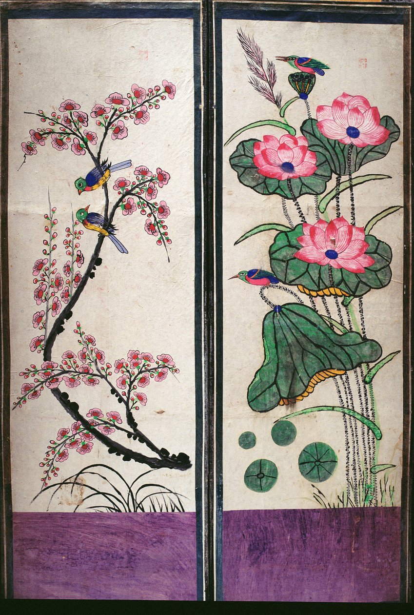 两幅描绘花鸟的八折屏风（纸面天然颜料） 作者 学校韩语