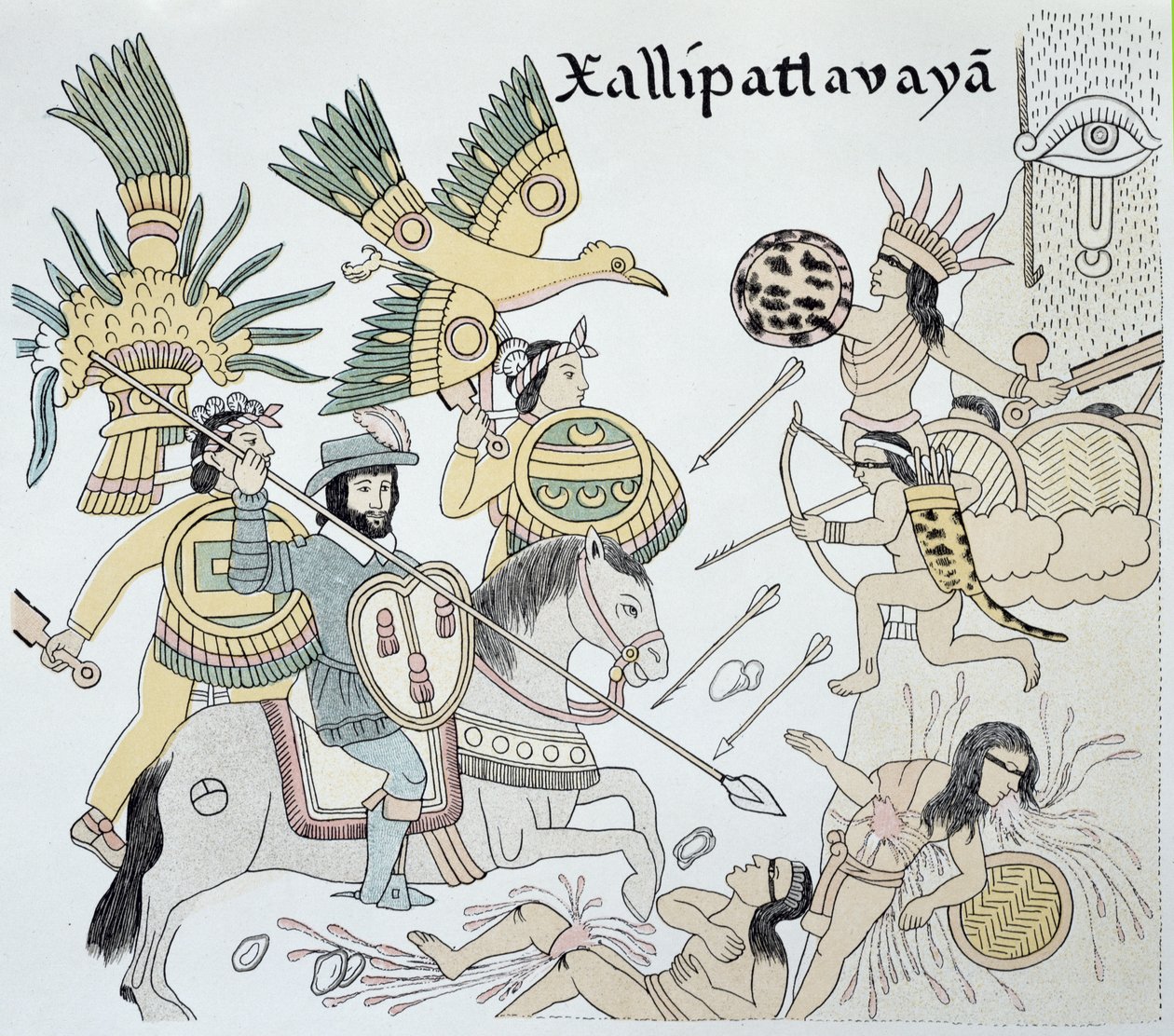 Xallipatlavaya 战役中西班牙人与阿兹特克人之间的战斗，来自约 1550 年墨西哥印第安画史《Lienzo de Tlaxcala》的摹本的插图 作者 墨西哥学校