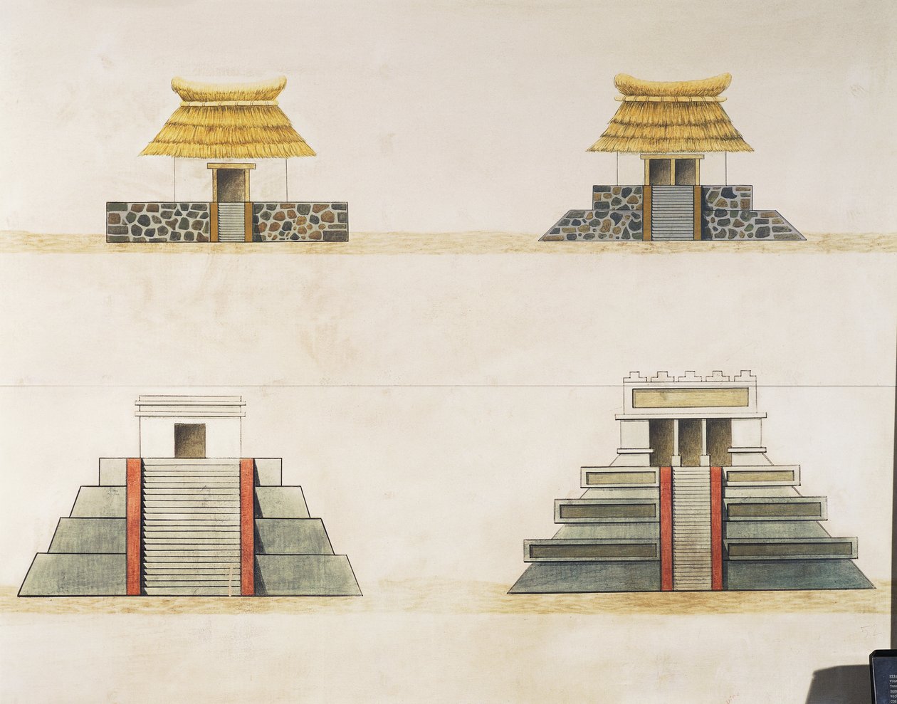 特诺奇蒂特兰（Tenochtitlan）建筑的历史重建（彩色平版印刷）。 作者 墨西哥学校