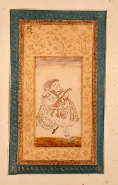 莫卧儿宫廷乐师、跳舞的萨兰吉琴师，来自大克利夫专辑（着色画）。 作者 莫卧儿学校