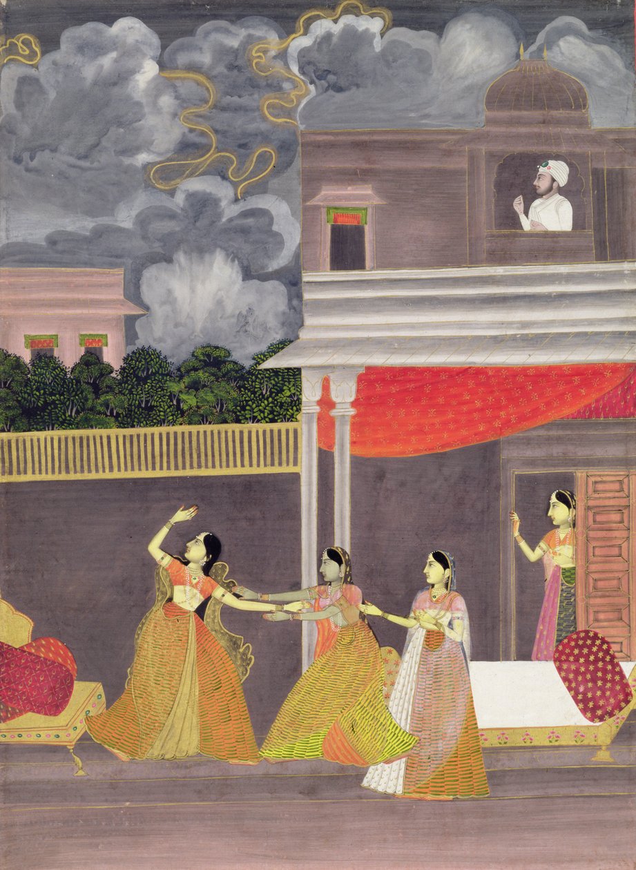 一位女士在夜间从暴风雨中被带入：来自音乐模式的插图Madhu Madhavi，约1760年（纸上水粉画）。 作者 莫卧儿学校