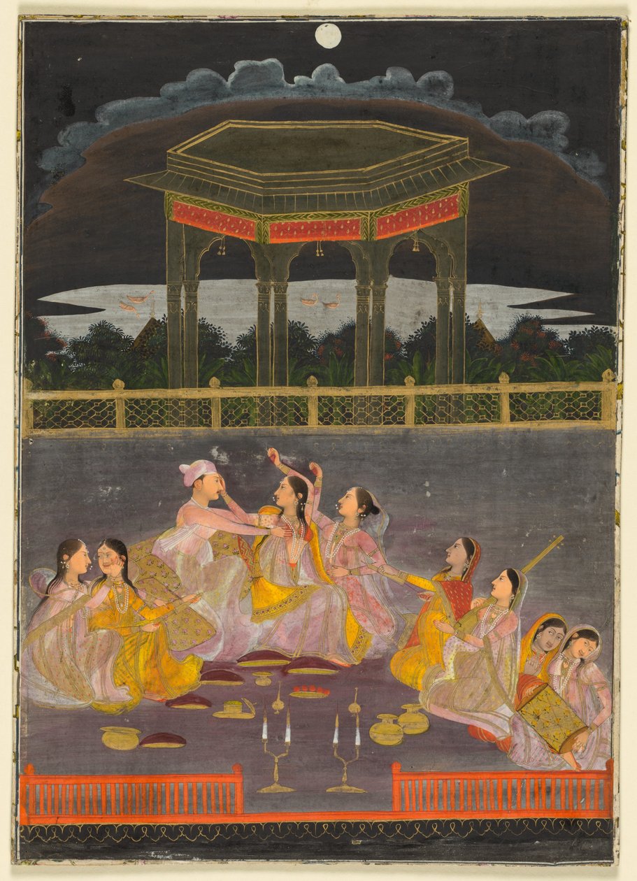 王子在晚上的露台上与宫廷女性一起庆祝胡里节；背面：绝句书法c。 1760年（纸上不透明的水彩和金色（矩形）；纸上的墨水，四行波斯诗歌（反之）） 作者 莫卧儿学校