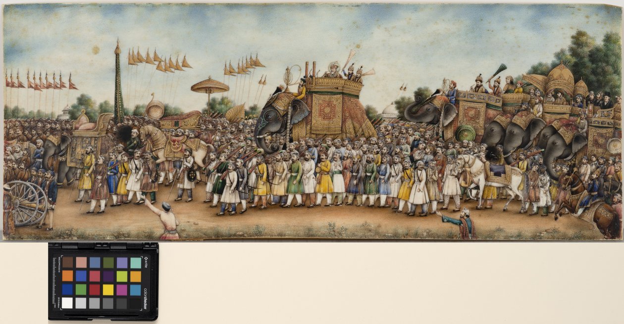 阿克巴·沙阿二世（Akbar Shah II）乘骑大象，摄于1835年（不透明的水彩和金色的象牙色） 作者 莫卧儿学校