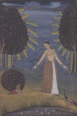Kakubha Ragini"：一位女士站在草地上喂养两只孔雀，勒克瑙，莫卧儿王朝时期，选自约翰逊相册第 30 号中的系列一至八，约 1780 年（纸面水粉和金色）。 作者 莫卧儿学校