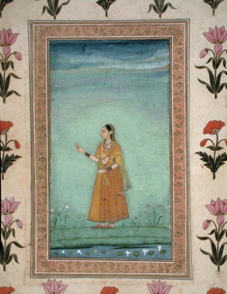 手持水果的女士，站在荷花池边，来自小克莱夫相册，约1600年（纸上不透明水彩）。 作者 莫卧儿学校