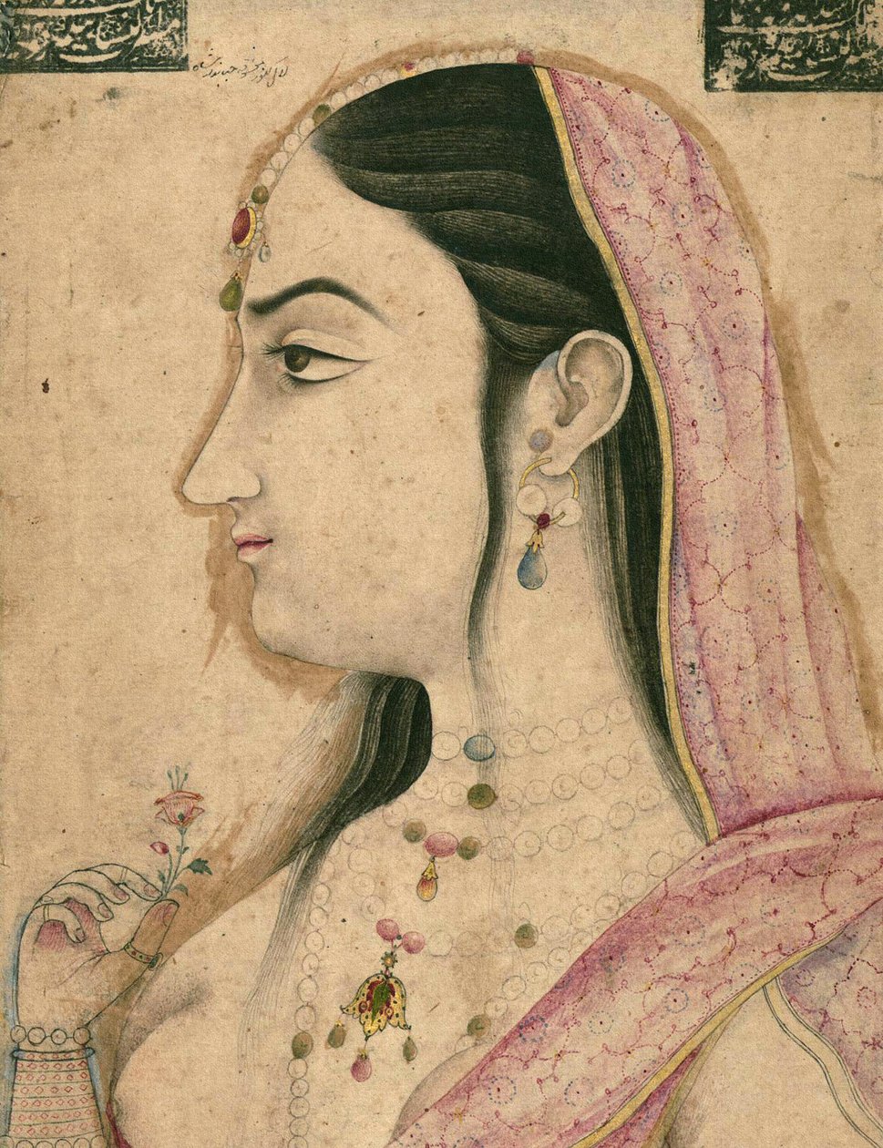 拉尔·昆瓦尔（Lal Kunwar），第8位莫卧儿皇帝贾汉达·沙（Jahandar Shah，卒于1125年AH - AD 1713年）的最爱，莫卧儿微型图（纸上有墨水，颜料和金装在粘贴板上） 作者 莫卧儿学校