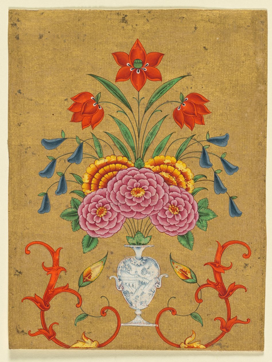插花和卷轴纹花瓶，约 1750-1800 年（纸面不透明水彩金彩） 作者 莫卧儿学校