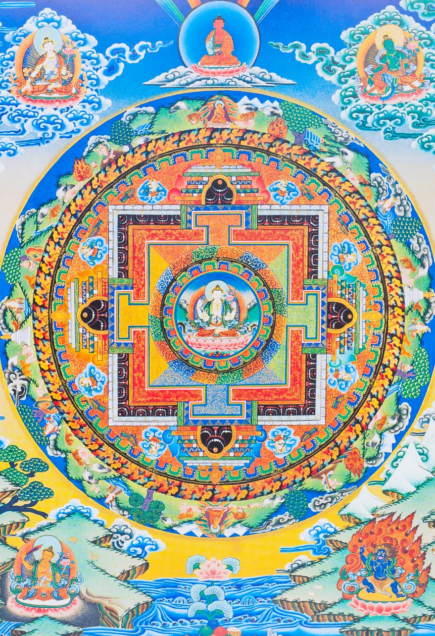 Chenresi 曼陀罗；中心人物描绘的是阿弥陀佛的天身化身--慈悲佛，始终亲近受苦受难的众生（布面水粉画） 作者 尼泊尔语学校