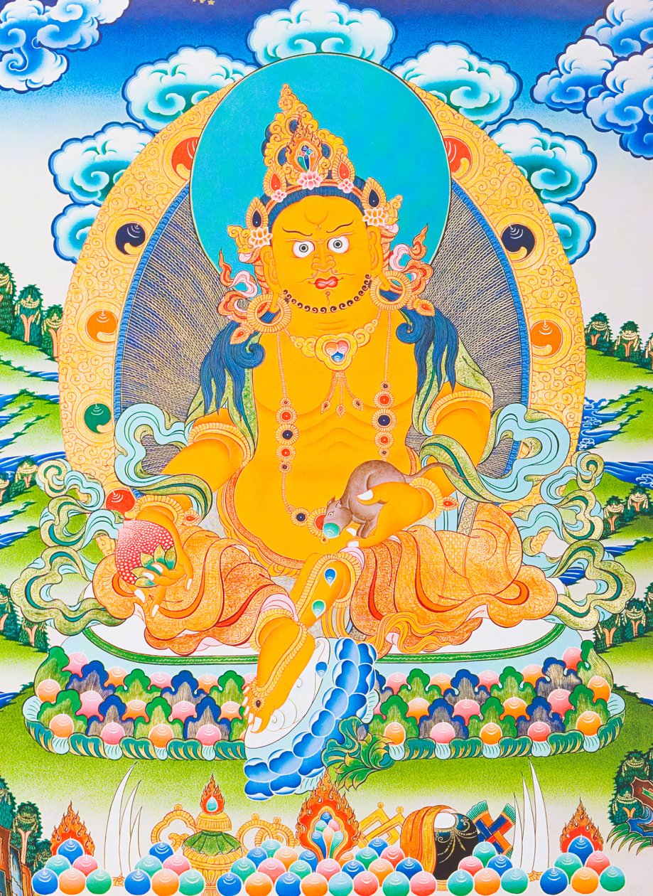 描绘财神像，黄色的财神是宝生佛的化现，象征着物质世界的财富（布上水粉画） 作者 尼泊尔语学校