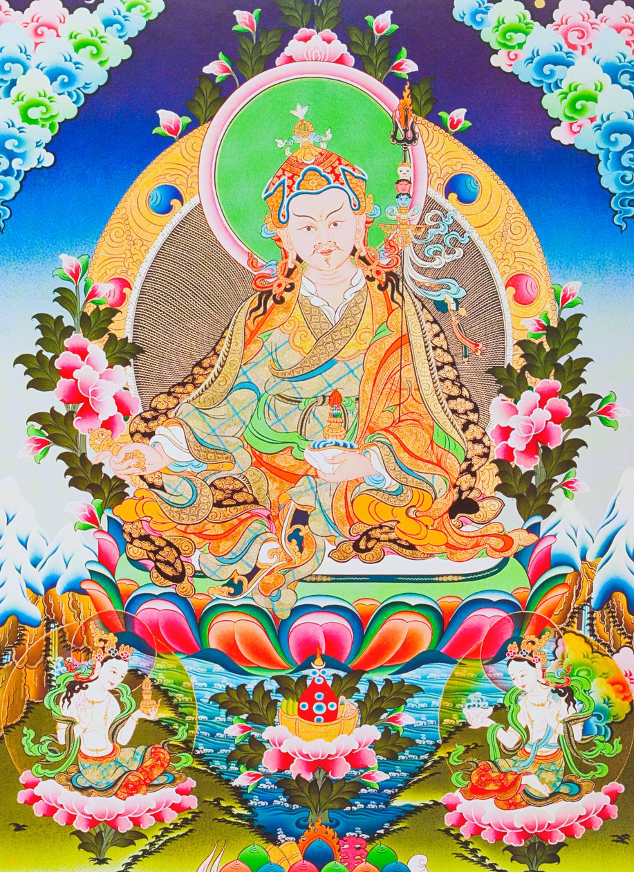 描绘莲花生大师或仁波切的图像，他是被神化的西藏密宗使徒，据说能战胜鬼神（布面水粉画）。 作者 尼泊尔语学校