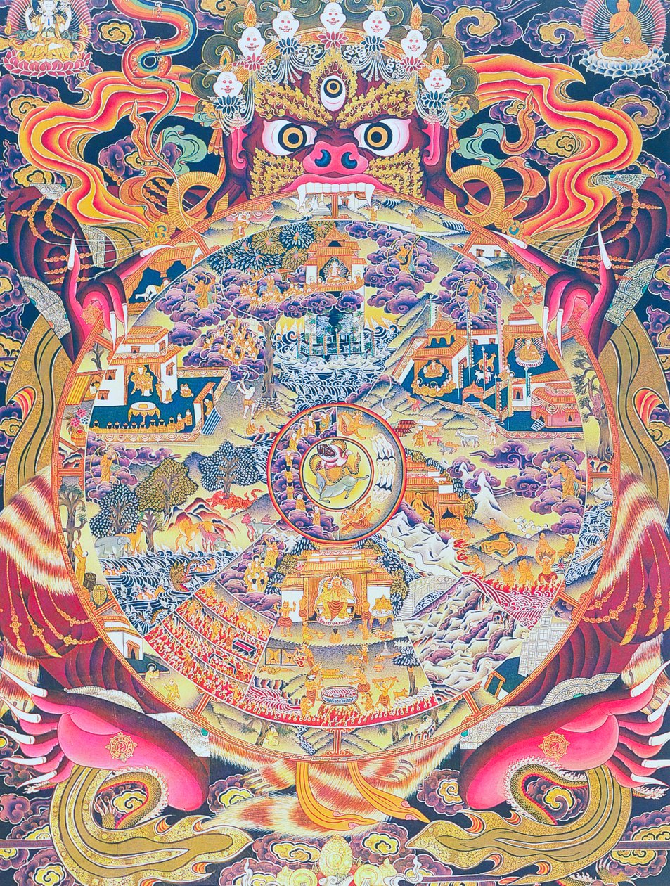 描绘生命之轮的图像，描绘阎罗王口中的卡拉恰卡或妄想的存在，阎罗王代表生、死和重生（布面水粉画） 作者 尼泊尔语学校