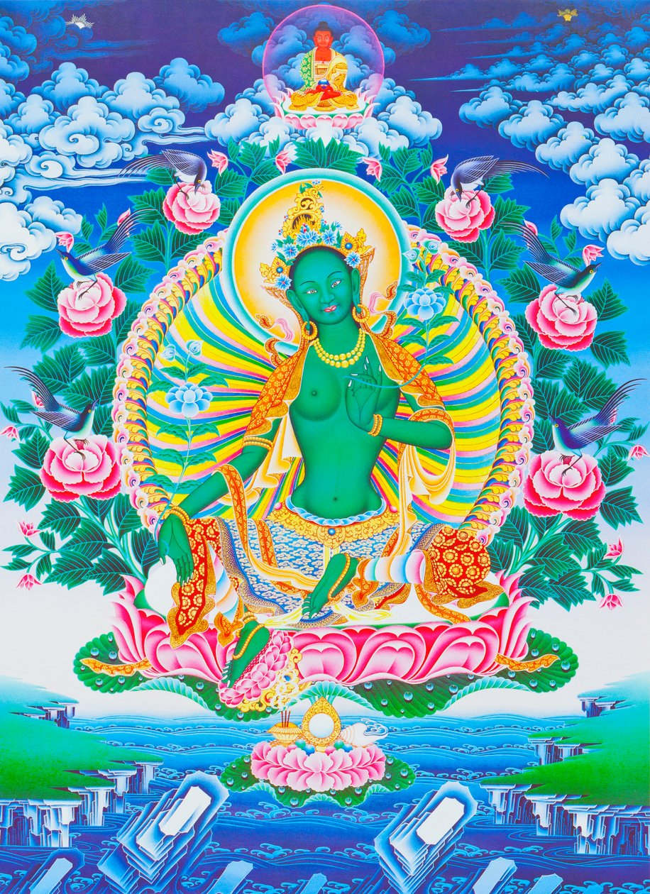 描绘绿色度母的图像，她是远离存在海洋中所有危险的母性保护者（布上水粉画） 作者 尼泊尔语学校