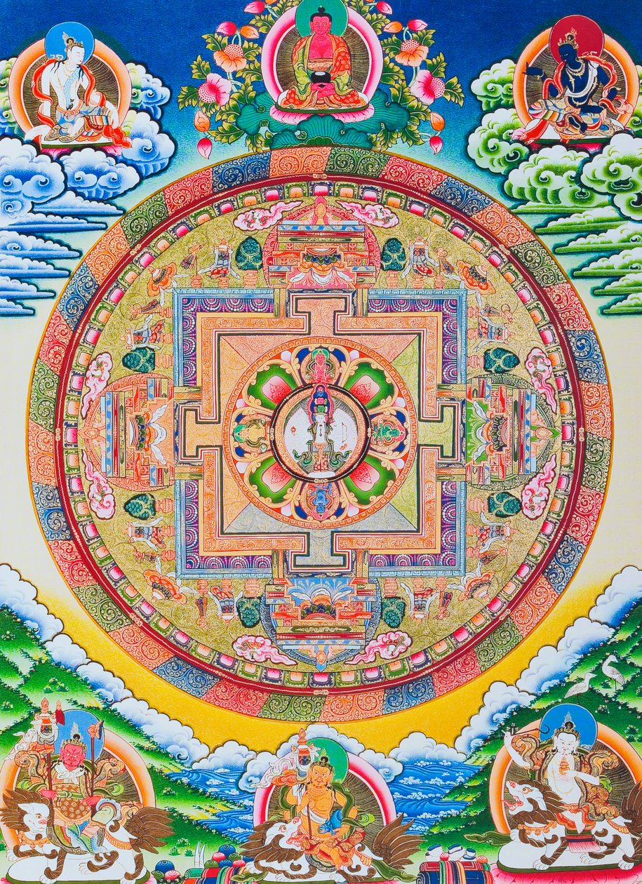 曼陀罗千手观音；神圣而神奇的圆圈，描绘了象征无限慈悲的十一头菩萨（布面水粉画） 作者 尼泊尔语学校