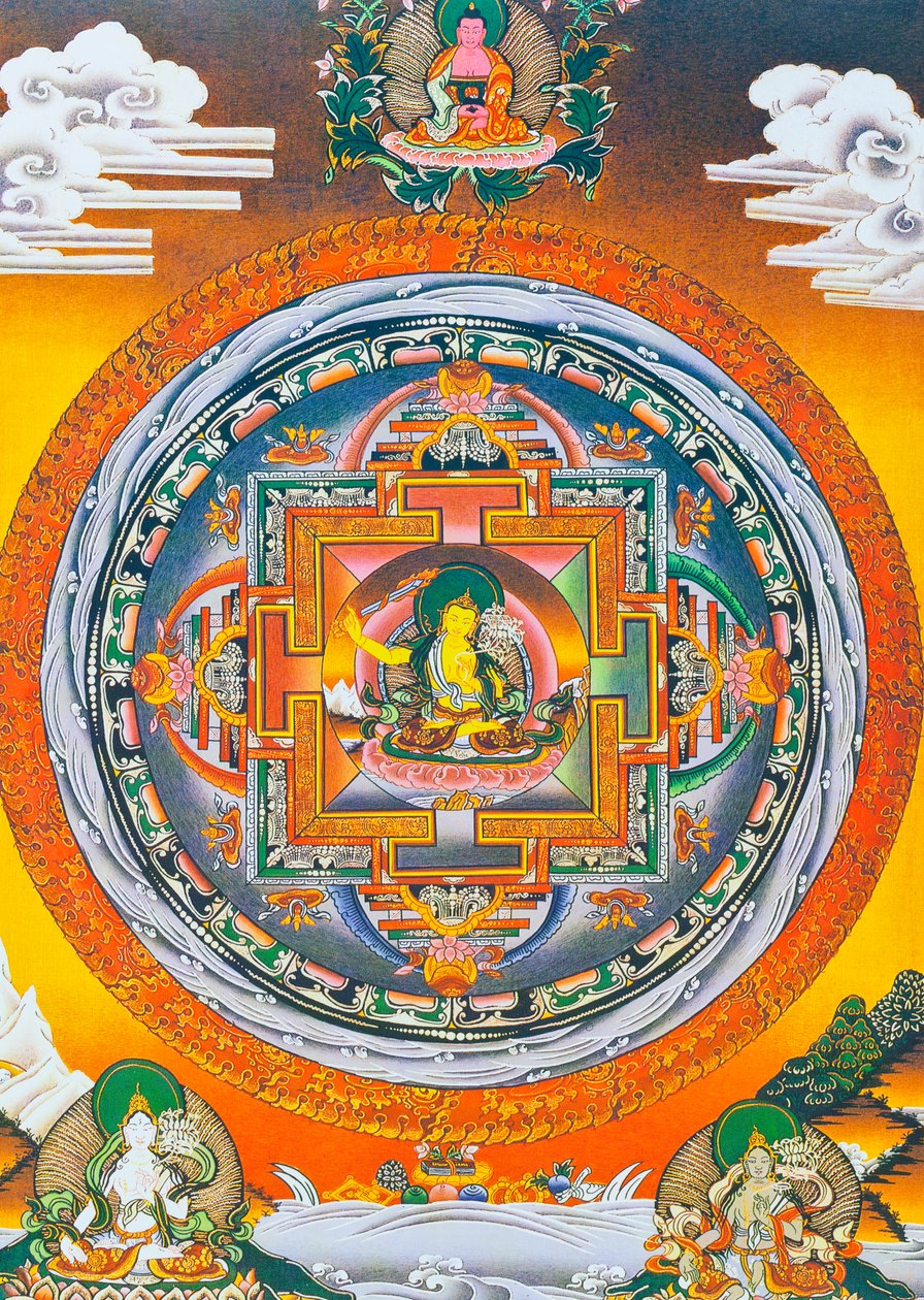 文殊师利坛城，中心人物代表智慧之神文殊师利，加德满都谷地的传奇创造者（布上水粉画） 作者 尼泊尔语学校