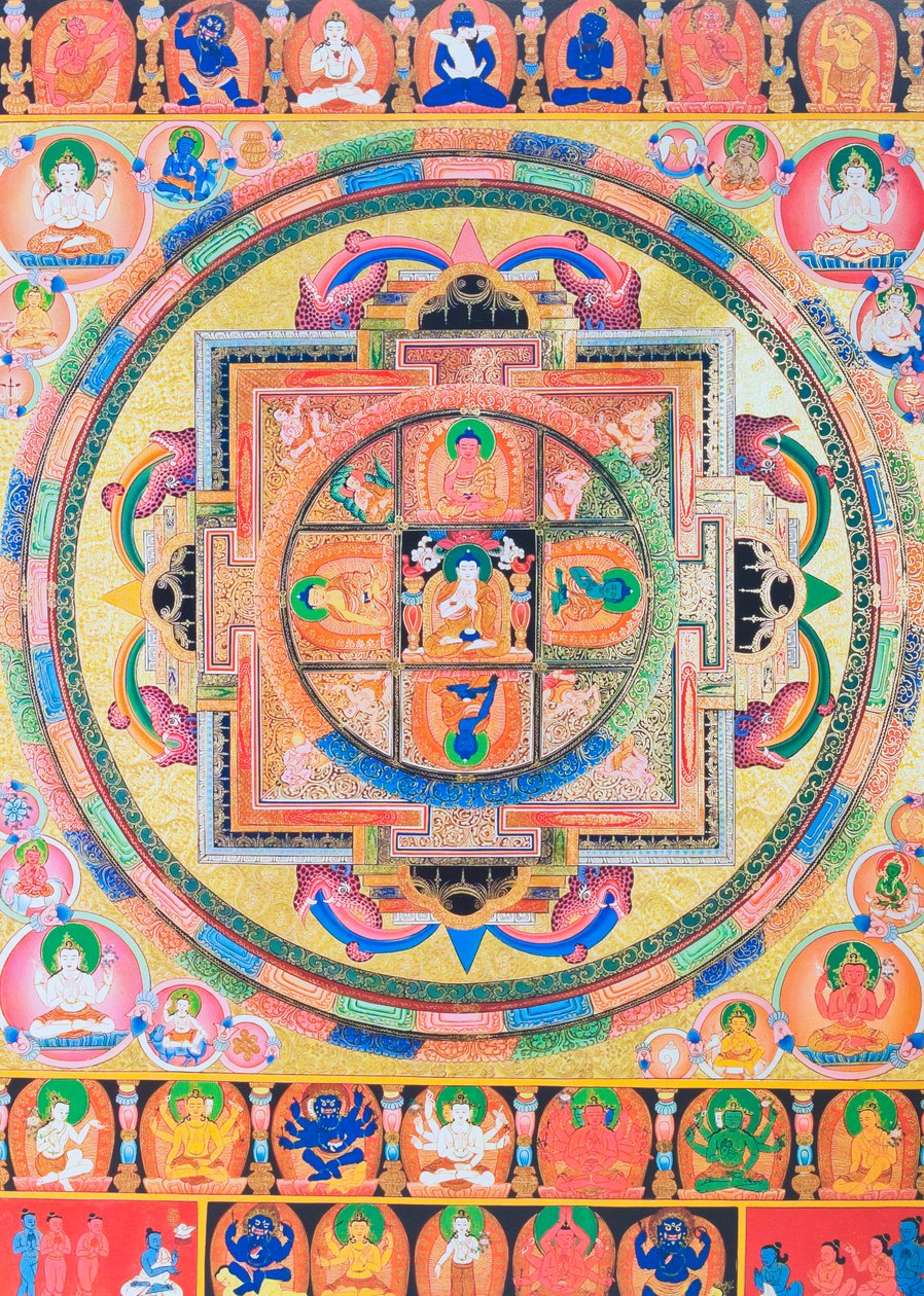 盘瓠曼陀罗，描绘象征五种智慧的五种佛像（布面水粉画） 作者 尼泊尔语学校