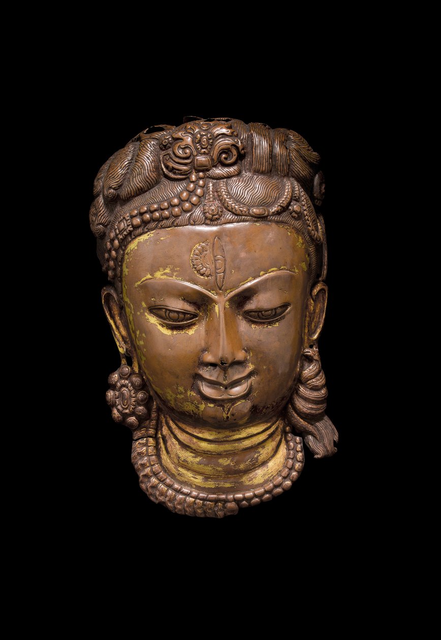 希瓦·阿达那那利瓦（Shiva Ardhanarishvara）的假面罩，约11世纪（铜制） 作者 尼泊尔语学校