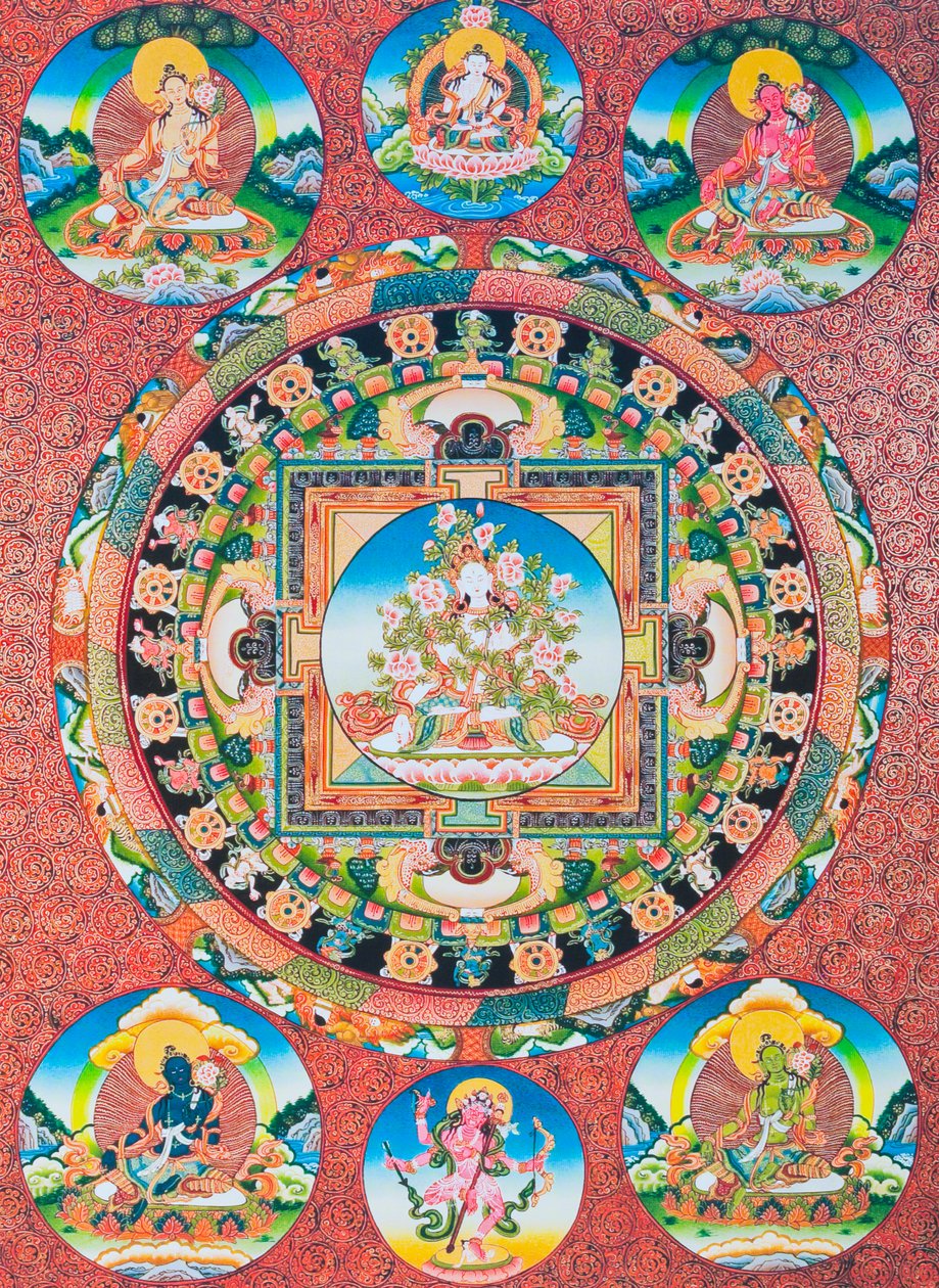 白度母曼陀罗；佛教万神殿中的七眼女神，代表慈悲女神和人类的保护神（布面水粉画） 作者 尼泊尔语学校