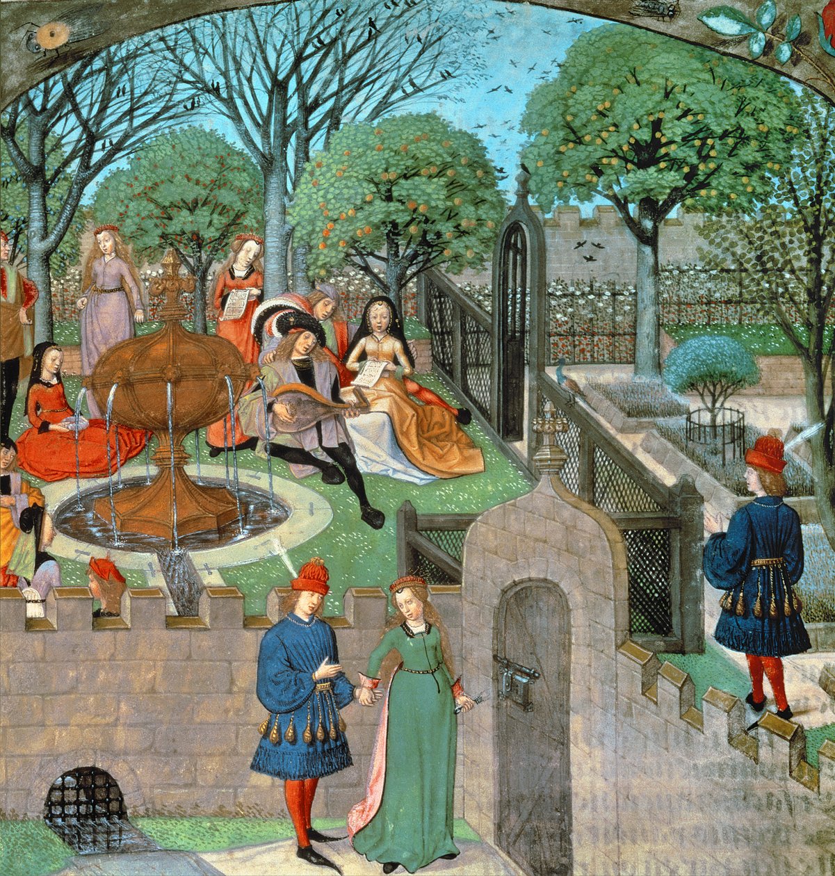 Harl 4425 f.12v 花园场景，花园墙外的情人和贵妇 Oyseuse（闲逛），选自布鲁日的《玫瑰罗马》，约 1490-1500 年（牛皮纸） 作者 学校荷兰语