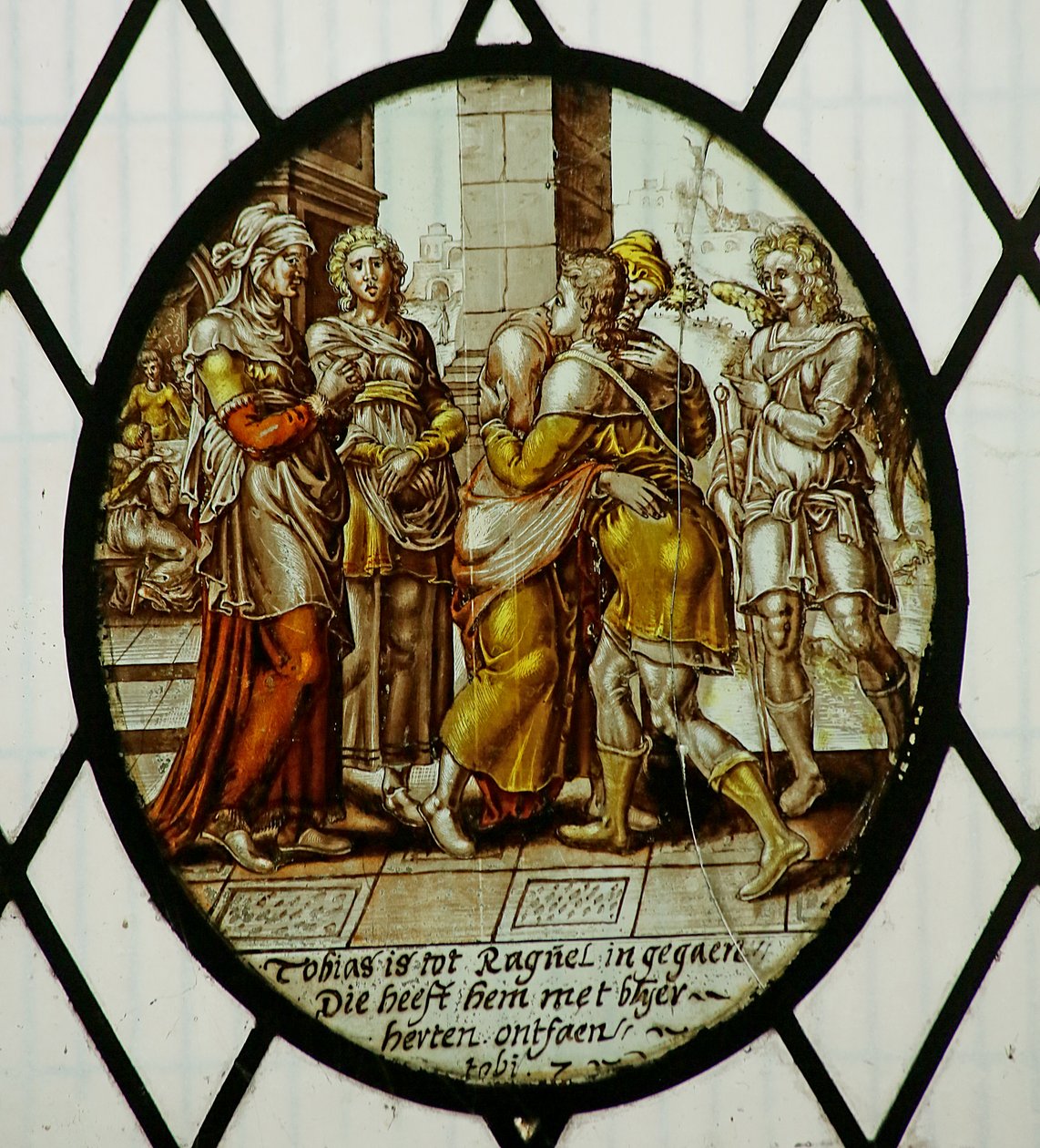 Roundel: Tobias arrives at Ecbatana (stained glass) 作者 学校荷兰语