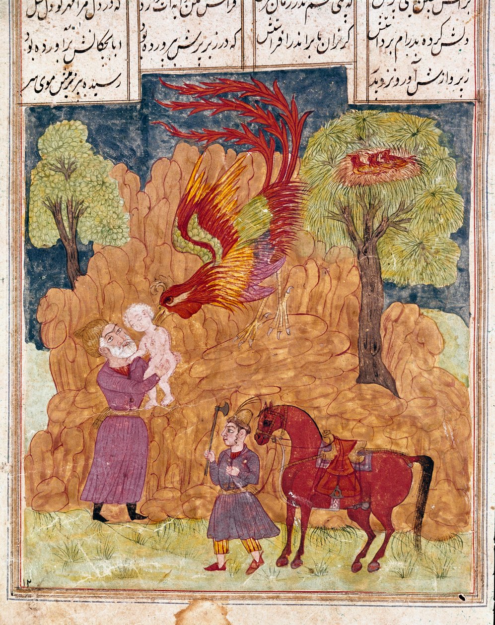 伊斯兰艺术：神话般的鸟 Simurgh（类似于凤凰或凤凰）携带着 Siyam 国王的儿子 Zal，因为他不是白化病患者而被遗弃在山上。 来自史诗“Shahnameh”（Shah Nama，Shahnama）（国王之书）手稿的波斯缩影 作者 学校波斯语
