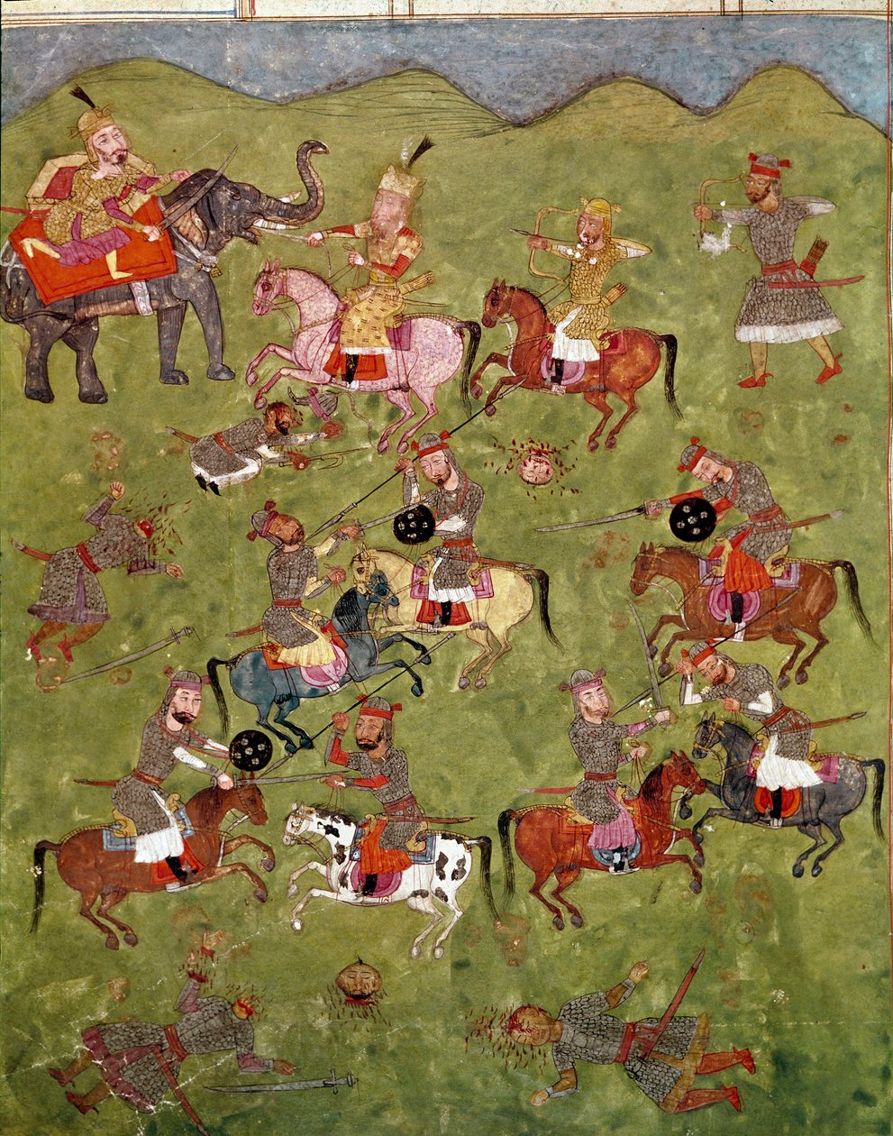 伊斯兰艺术：战斗场景。 来自 Ferdowsi（Firdawsi，或 Ferdawsi，或 Firdousi，约 940 年至 1020 年）的史诗“Shahnameh”（Shah Nama，Shahnama）（国王之书）手稿的波斯缩影。那不勒斯国家图书馆 作者 学校波斯语