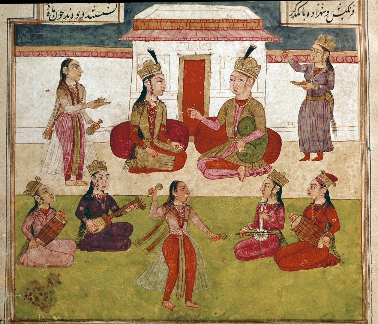 Islamic art: concert and entertainment in a harem. Persian miniature from a manuscript of the epic poem “Shahnameh”” (Shah Nama, Shahnama) (Book of Kings) by Ferdowsi (Firdawsi, or Ferdawsi, or Firdousi, ca. 940-around 1020) Biblioteca Nazionale Naples 作者 学校波斯语