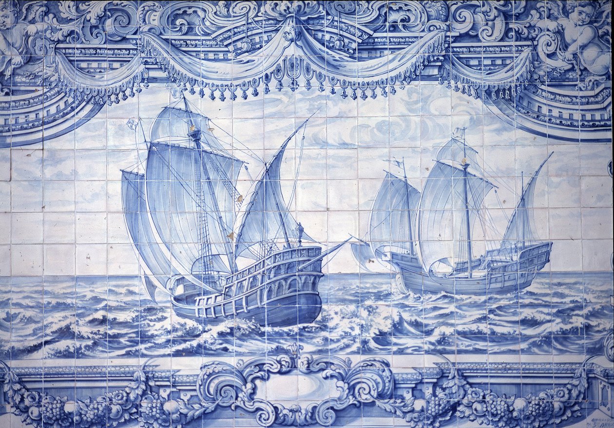 葡萄牙里斯本周围 15 至 17 世纪的帆船，azulejos。 作者 葡萄牙语学校