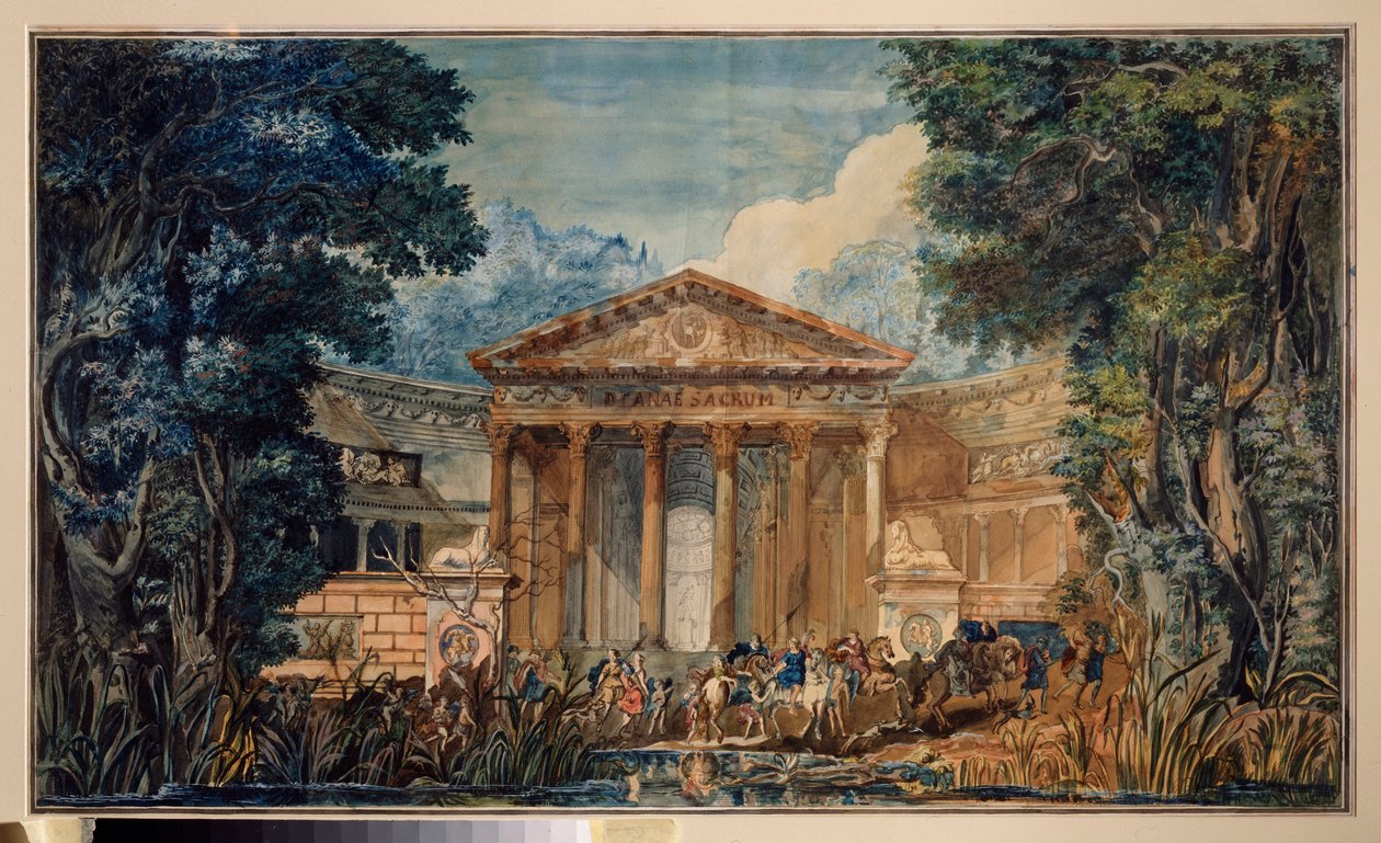 乔瓦尼-派塞罗（Paesieillo 或 Paesieixo）（1740-1816 年）为歌剧 "Fedra"（Phedre）创作的预备装饰。俄罗斯大师的作品，纸上水彩和水粉画，约 1800 年。俄罗斯场景艺术 作者 学校俄语