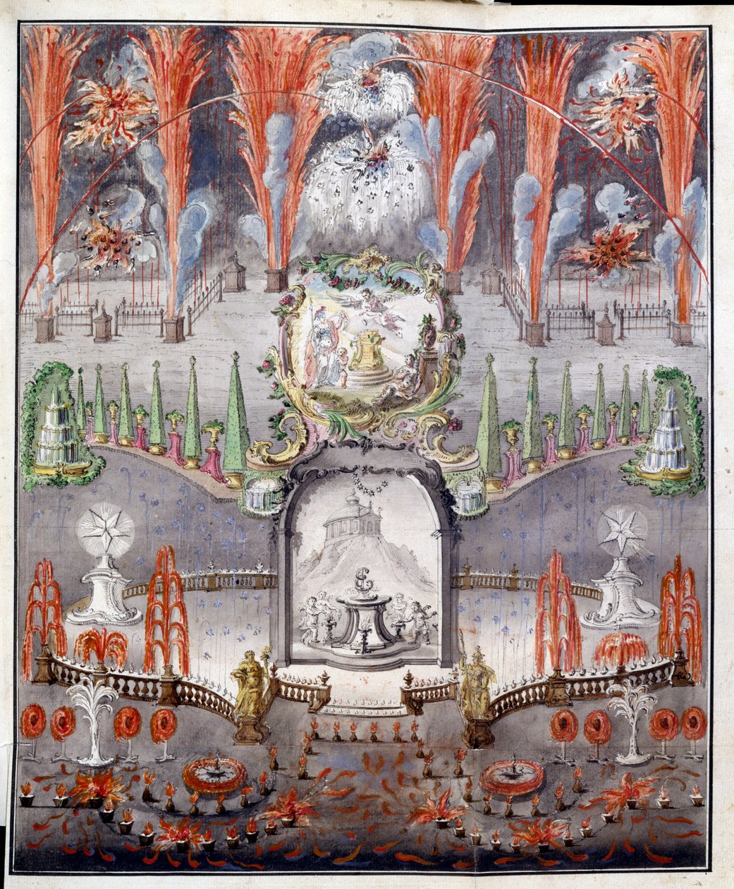 1747 年 9 月 17 日在戈斯蒂利奇（俄罗斯）的焰火和照明。佚名作品，水彩上色铜版画，18 世纪中期。俄罗斯艺术 作者 学校俄语