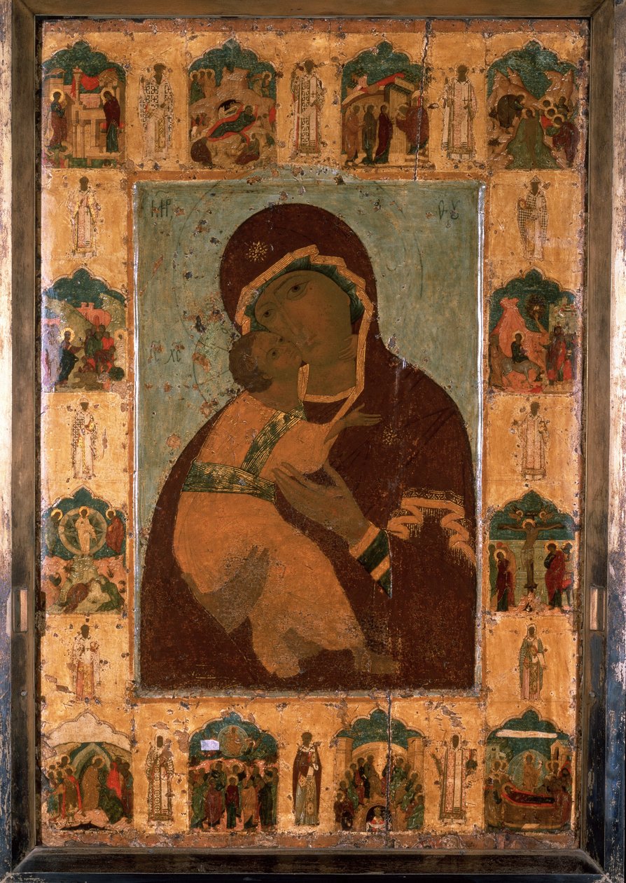 "弗拉基米尔圣母（Vladimirskaia）俄罗斯圣像。木板绘画。1514 年莫斯科克里姆林宫圣母大教堂 作者 学校俄语