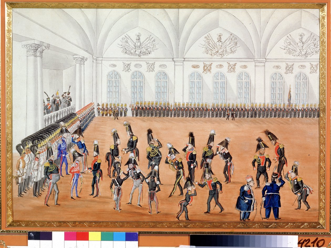 阅兵式。匿名画作。纸上水彩画，约 1820 年。 俄罗斯艺术，讽刺画。圣彼得堡普希金纪念博物馆。 作者 学校俄语