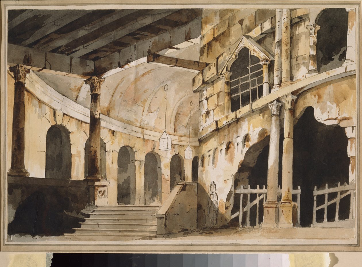 监狱戏剧的准备装饰。俄罗斯大师的作品，约 1790 年，纸上水彩画。18 世纪俄罗斯场景艺术。莫斯科奥斯坦金诺博物馆宫。 作者 学校俄语
