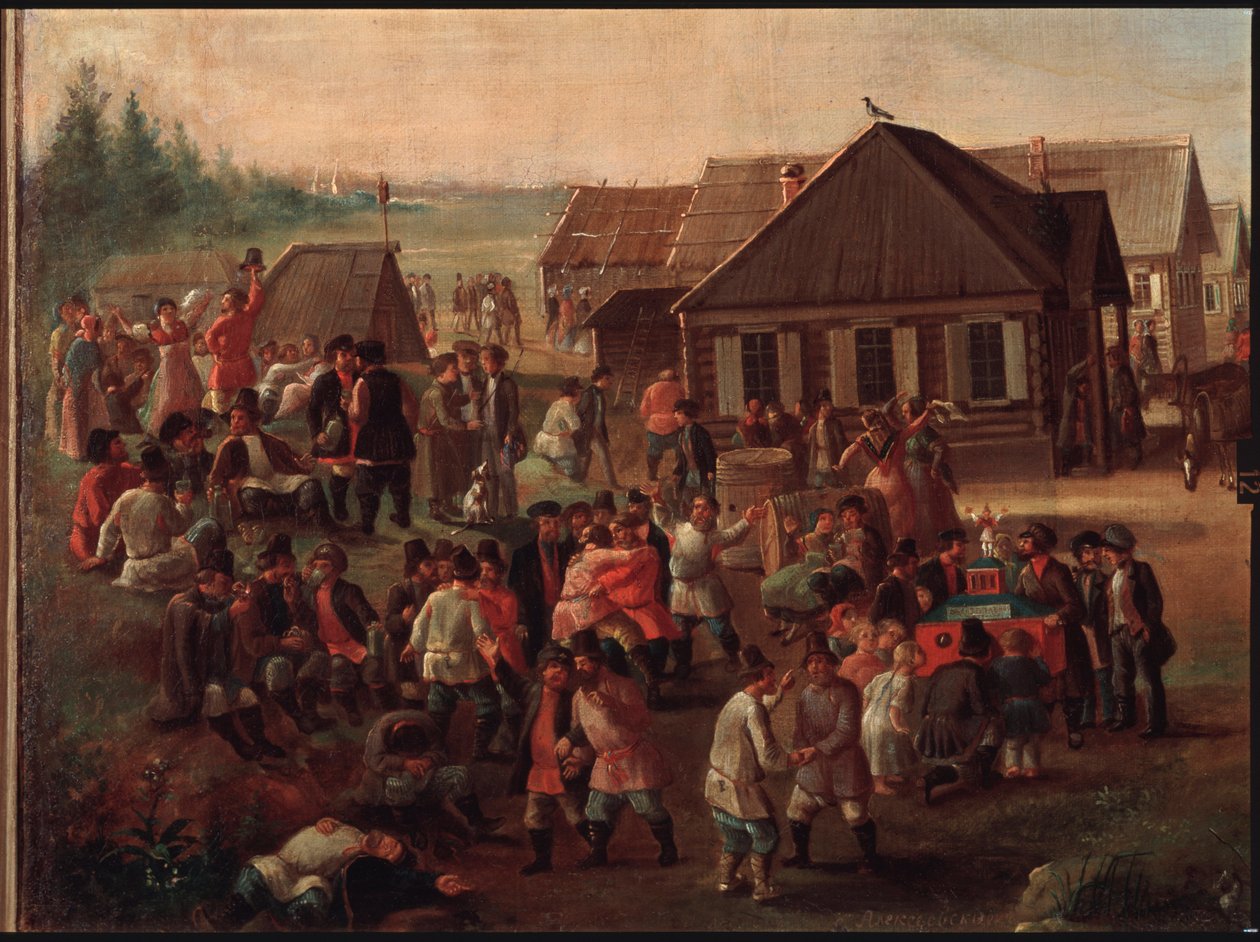 阿列克谢耶夫斯科耶村的公共庆典。俄罗斯绘画大师的作品，布面油画，19 世纪中叶。莫斯科国立特列季亚科夫美术馆。 作者 学校俄语