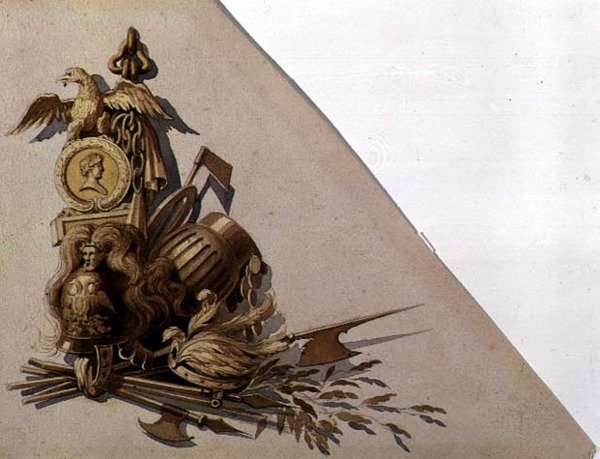 新古典主义武器战利品，俄罗斯，约1825年（纸上水彩）。 作者 学校俄语