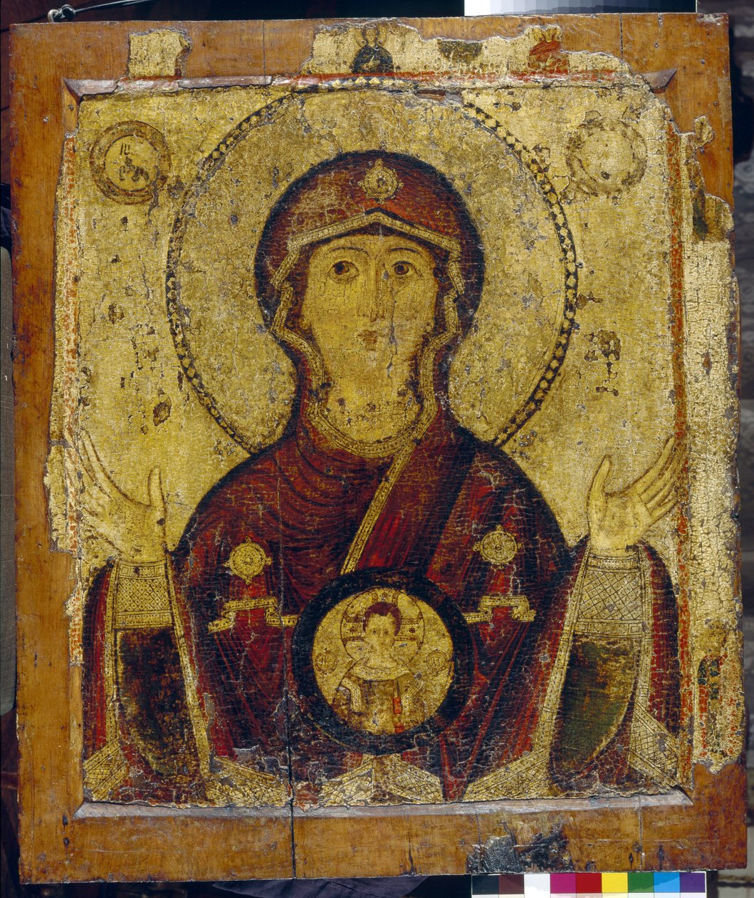 Notre Dame du Signe - Icone russe, tempera sur bois (73,4x64 cm)，de debut 13eme siecle -（圣母像，木板上的钢笔画，俄罗斯圣像，13 世纪早期） - 国立特列季亚科夫画廊，莫斯科 作者 学校俄语