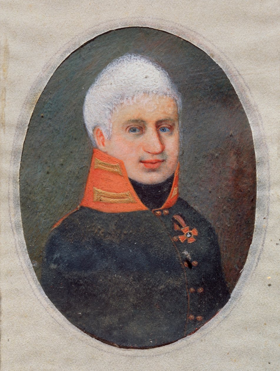 诗人安东-A.德尔维格（Delwig）（1798-1831 年）。(身着军装）。俄罗斯大师作品，牛角上的水彩和水粉画，约 1800 年。19 世纪俄罗斯艺术。图拉（俄罗斯）国家艺术博物馆。 作者 学校俄语