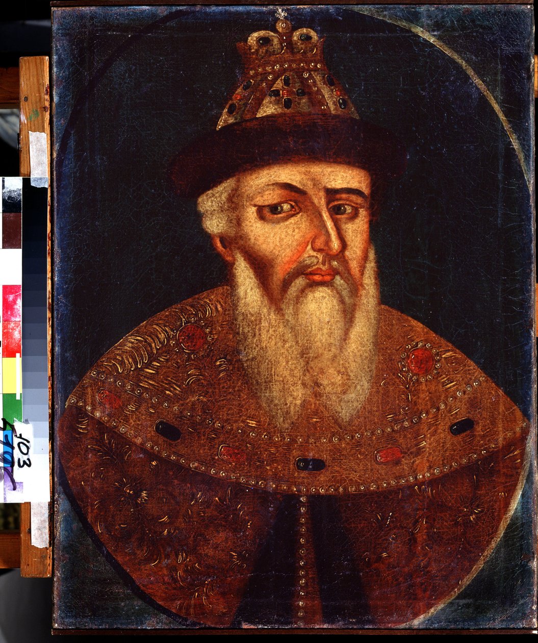 沙皇伊凡四世的肖像（1530-1584 年）。无名画作，布面油画，68 x 53 厘米，18 世纪早期。俄罗斯下塔吉尔国家艺术博物馆。 作者 学校俄语