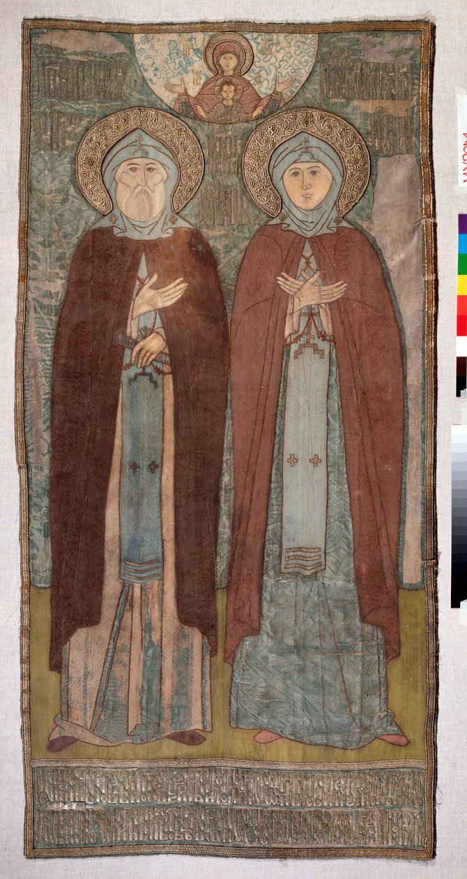 Saint Pierre et Sainte Fevronia de Mourom 王子（穆罗姆的圣彼得和费夫罗尼亚）--俄罗斯大师的教会刺绣，丝绸和金银线，帆布 作者 学校俄语