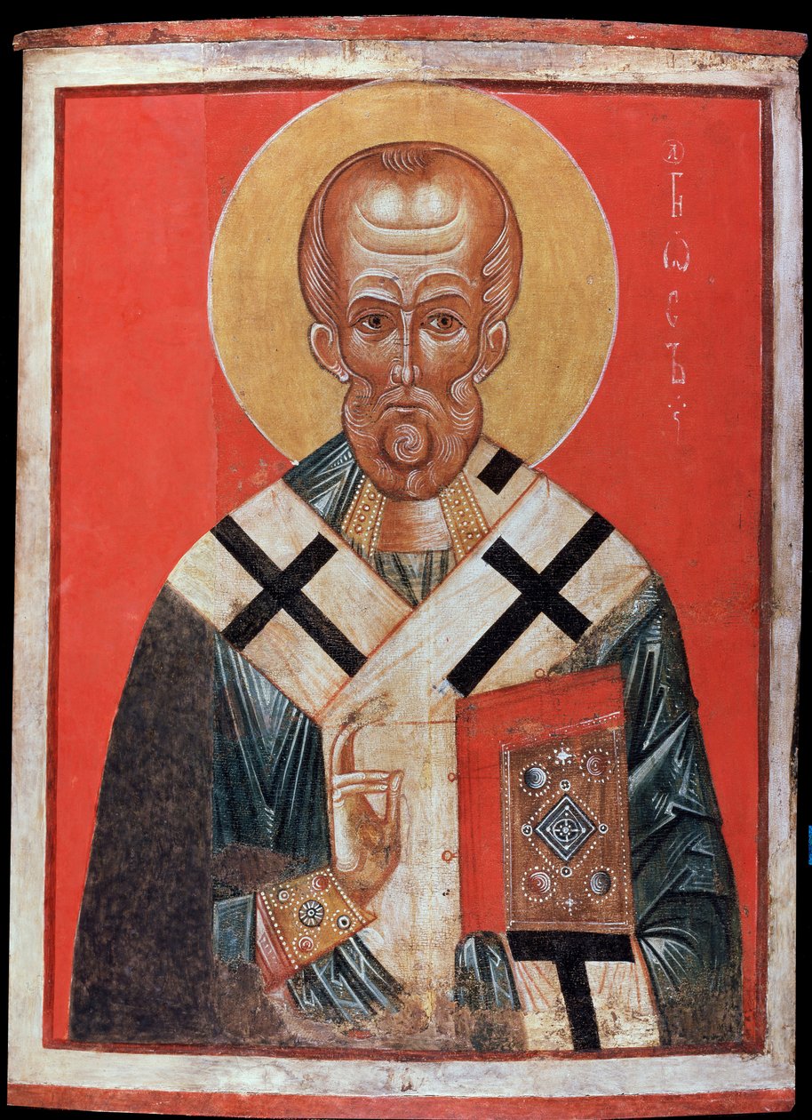 圣尼古拉（或迈拉的圣尼古拉或巴里的圣尼古拉，270-345 年）（Saint Nicholas）。俄罗斯圣像，木板钢笔画，13 世纪末 14 世纪初，诺夫哥罗德（俄罗斯）艺术。圣彼得堡国家冬宫。 作者 学校俄语