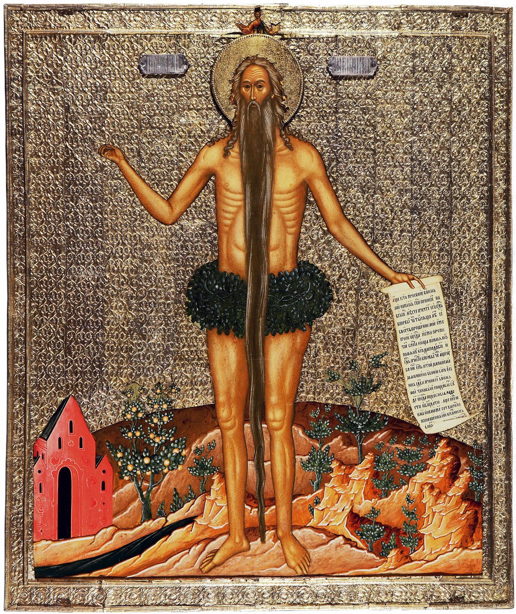 圣奥努弗勒（Saint Onuphre）。他是埃及的一名修道士，后来成为一名隐士，他的传统形象是留着长胡子，以树枝为衣。莫斯科佚名作品，木板钢笔画，约于 作者 学校俄语
