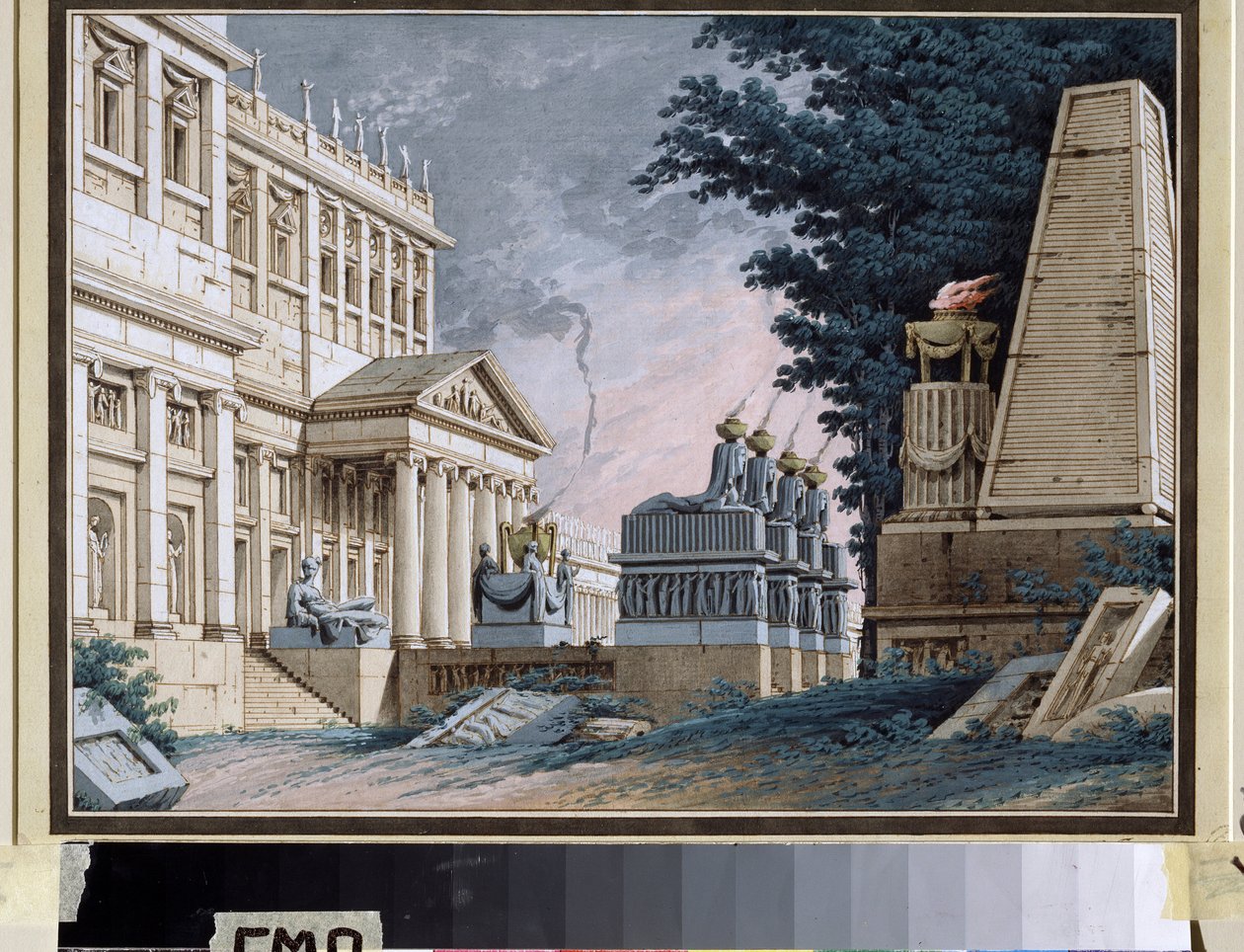 Temple，decoration pour une piece de theatre（《Temple.戏剧舞台设计》）。无名画。纸上水彩和水粉，1800 年。俄罗斯剧院装饰。莫斯科，奥斯坦金诺宫殿剧院博物馆。 作者 学校俄语