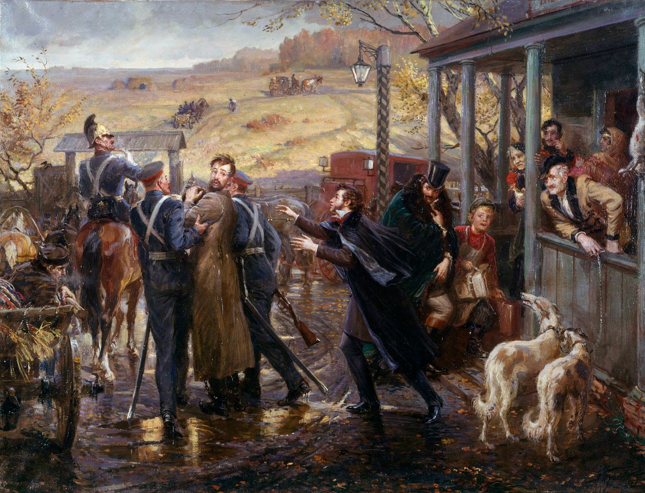 俄罗斯诗人亚历山大·普希金 (Pushkin)（1799-1837 年）会见了他的十二月党人朋友库克尔巴克，库克尔巴克于 1827 年前往扎巴泽火车站，《俄罗斯画派》。 19 世纪圣彼得堡，艾尔米塔什博物馆 作者 学校俄语