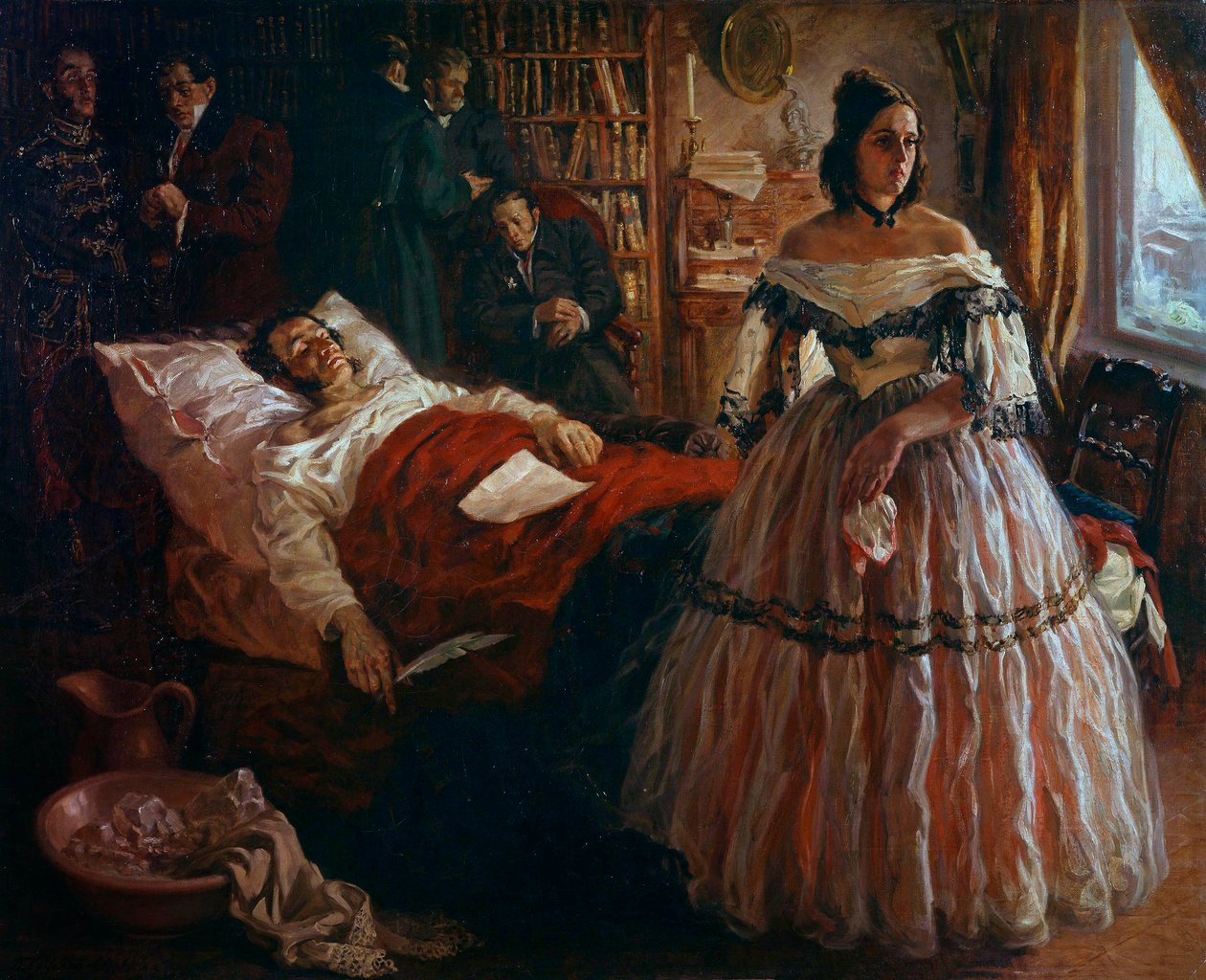 俄罗斯诗人亚历山大·普希金（Pushkin）（1799-1837）在他临终时被妻子娜塔莉亚·冈察洛娃（Goncharova）和他的朋友们所画的俄罗斯画派无名。 1837 年圣彼得堡冬宫博物馆 作者 学校俄语